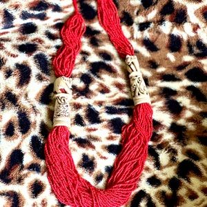 Red Beaded Boho Necklace with Elephant Carving